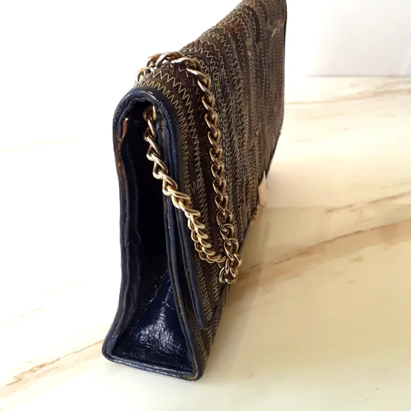 VTG BLUE LEATHER REPTILE CHAIN SHOULD BAG - Picture 3 of 7